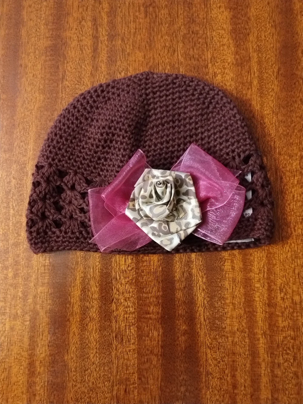 Baby Essentials 0-6 MTHS Brown Crochet Hat with Fabric Rose Accent